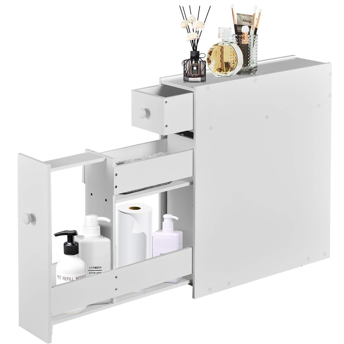 Tangkula Bathroom Cabinet, Wooden Bathroom Storage Cabinet, Home Kitchen Living Room Bathroom Toilet Narrow Floor Organizer